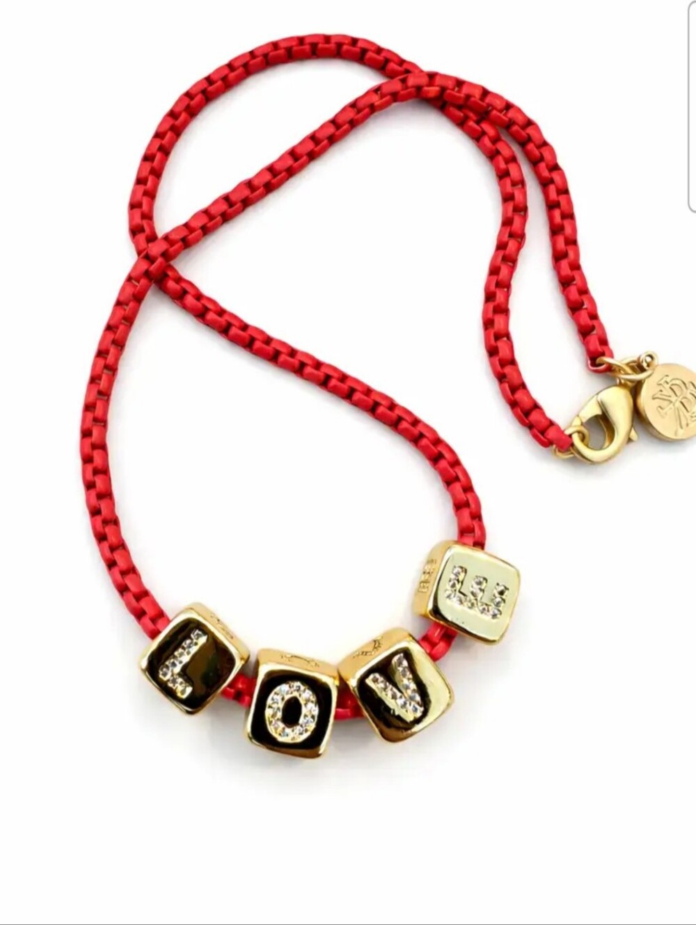 LOVE Cube Charm Necklace – Red Box Chain with Gold Rhinestone Letter Beads